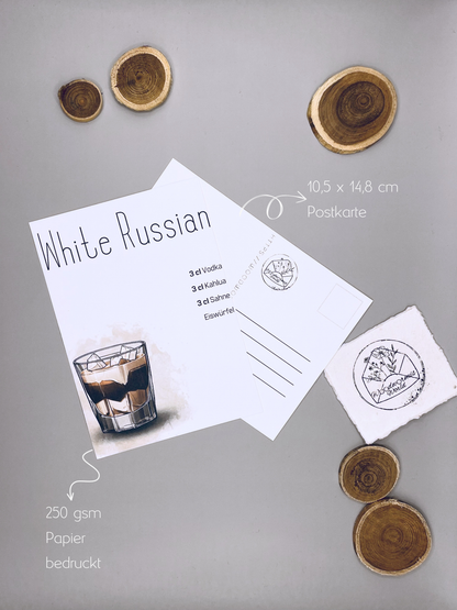 Cocktailkarte White Russian Rezept | 10,5 x 14,8 cm Postkarte