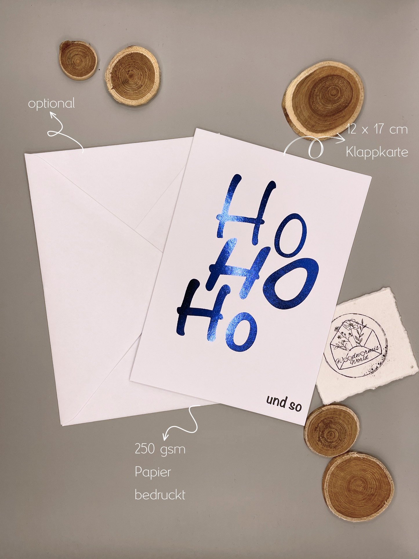 Weihnachtskarte "Ho Ho Ho und so" blau metallic  | 12 x 17 cm Klappkarte
