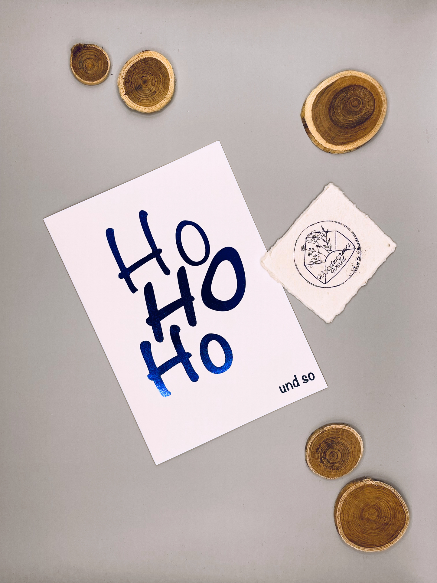 Weihnachtskarte "Ho Ho Ho und so" blau metallic  | 12 x 17 cm Klappkarte
