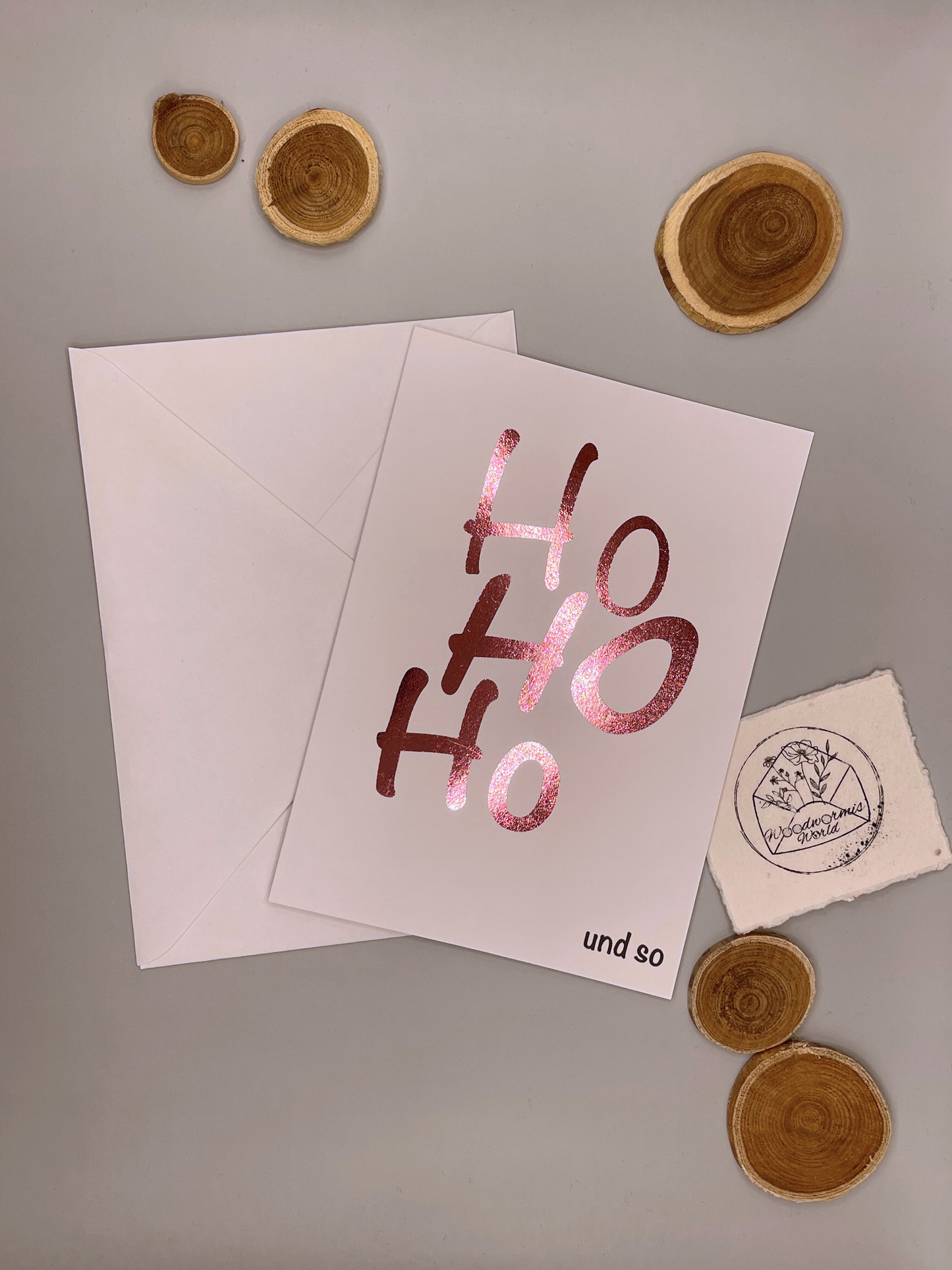 Weihnachtskarte "Ho Ho Ho und so" rosa metallic  | 12 x 17 cm Klappkarte