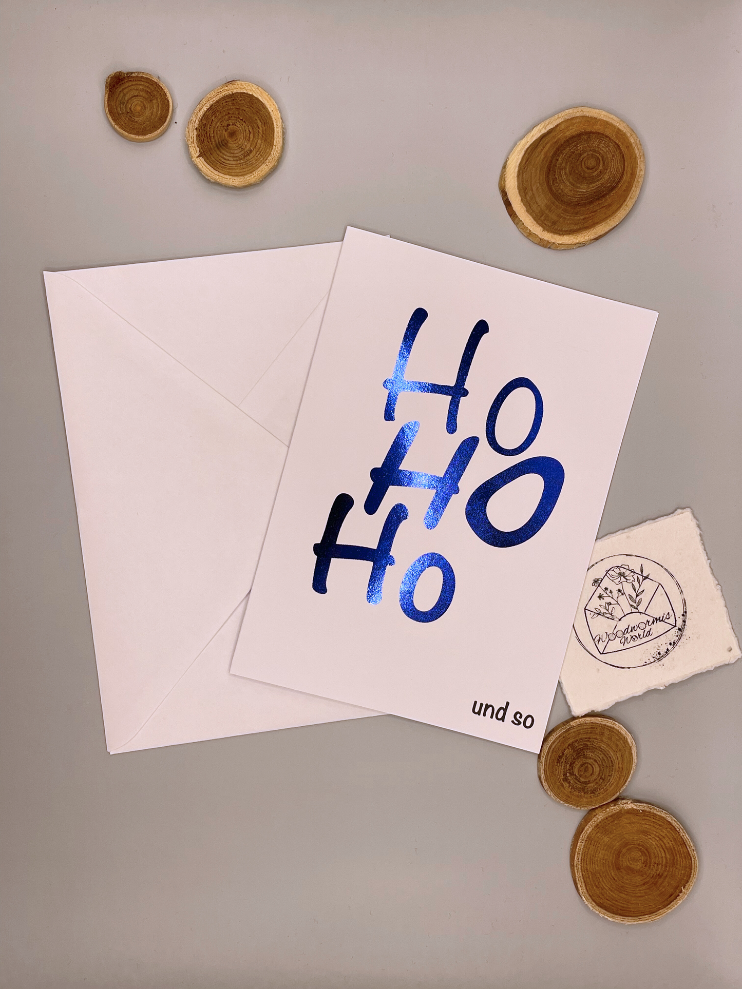 Weihnachtskarte "Ho Ho Ho und so" blau metallic  | 12 x 17 cm Klappkarte