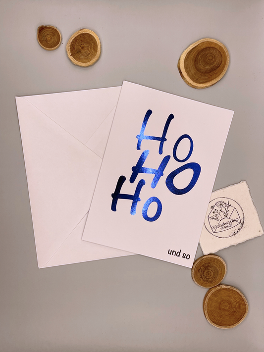Weihnachtskarte "Ho Ho Ho und so" blau metallic  | 12 x 17 cm Klappkarte