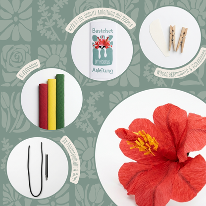 Inhalt des DIY Bastelsets Hibiskus: Krepppapier in Rot Gelb und Grün, Floristendraht, Wäscheklammern, Schablonen und bebilderte Anleitung