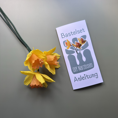 DIY Bastelset Narzisse von Woodwormis World – Anleitung mit fertigen Krepppapier-Narzissen in gelb