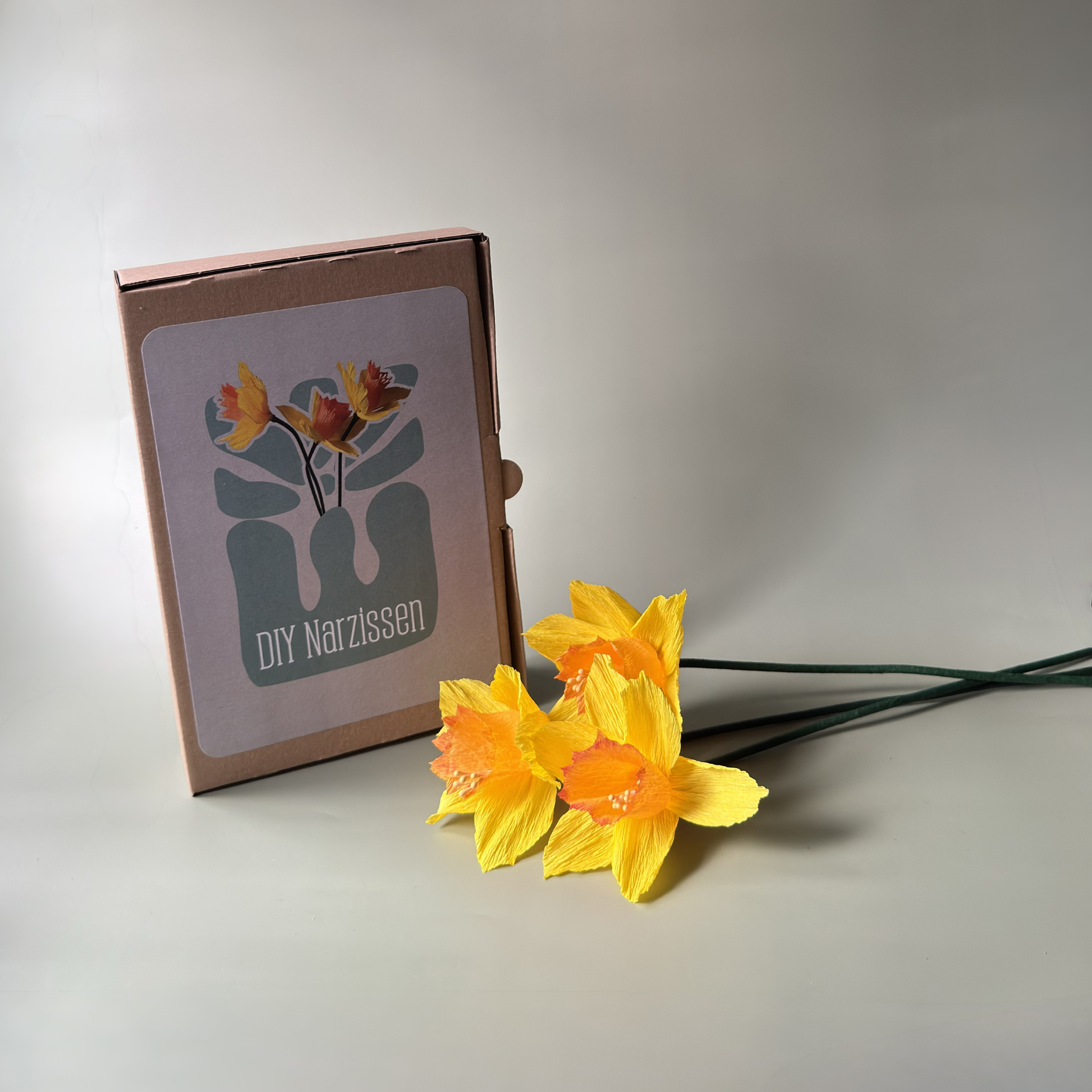 DIY Bastelset Narzisse von Woodwormis World – Verpackung mit fertigen Krepppapier-Narzissen in gelb