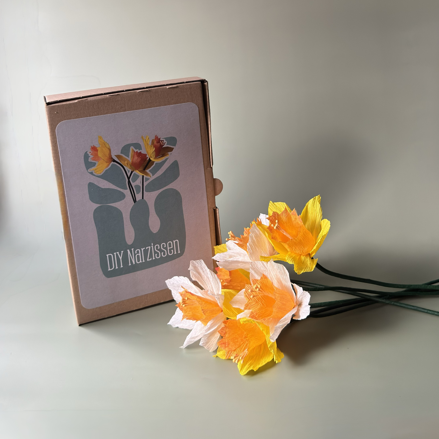 DIY Bastelset Narzisse von Woodwormis World – Verpackung mit fertigen Krepppapier-Narzissen alle Farben